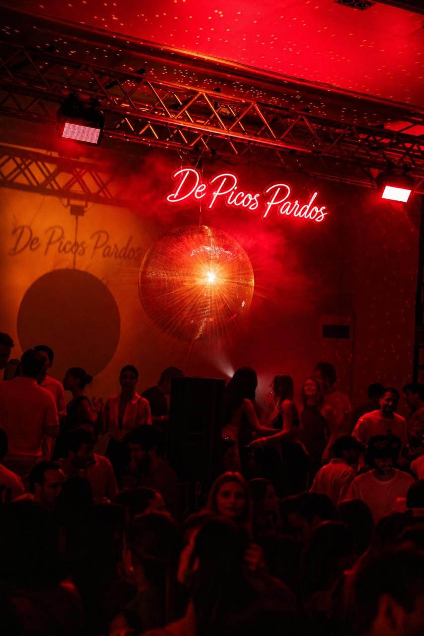 Bola de discoteca y neón de De Picos Pardos en una fiesta